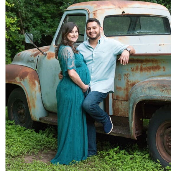 PinkBlush Teal Lace Mesh Overlay Maternity Maxi Dress - Picture 2 of 4